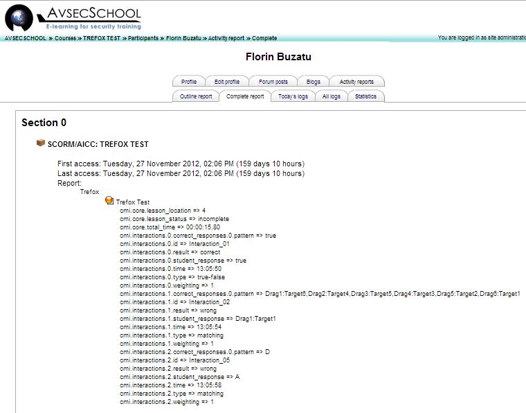Moodle report for one students use of a SCORM