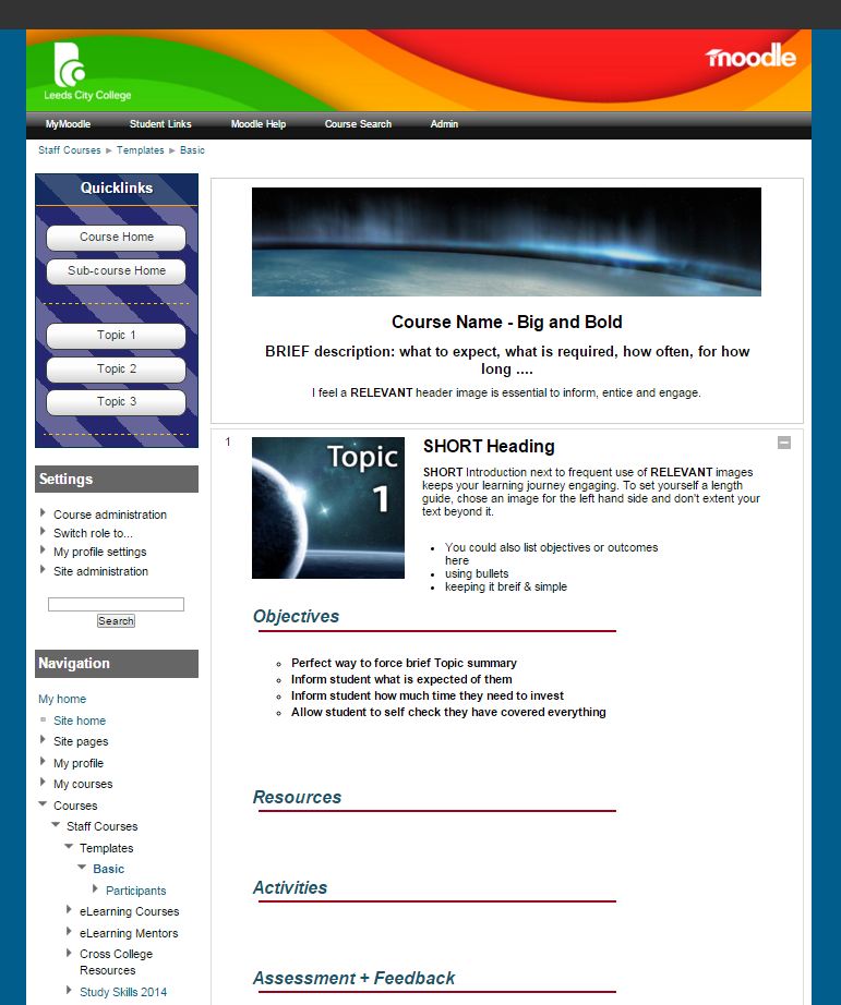 Course Template featured on the previous LMS